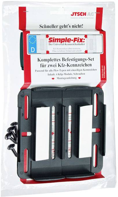 'Komplettes Befestigungs-Set für zwei Kfz-Kennzeichen. Enthält 4 Klipp-Module und Schrauben. Geeignet für alle EU-Kennzeichen.'