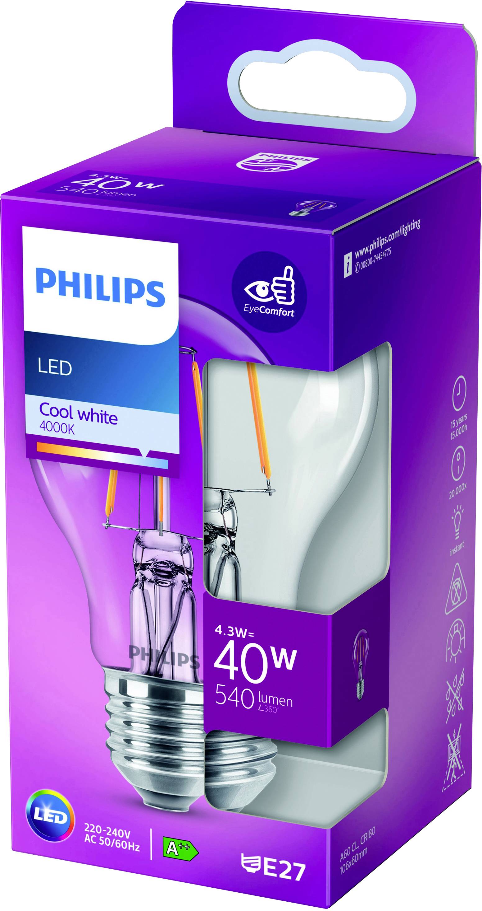 LED-Glühbirnenverpackung von Philips, 4,3W, 40W Äquivalent, 540 Lumen, E27-Sockel, Cool White 4000K, energiesparend und augenfreundlich.