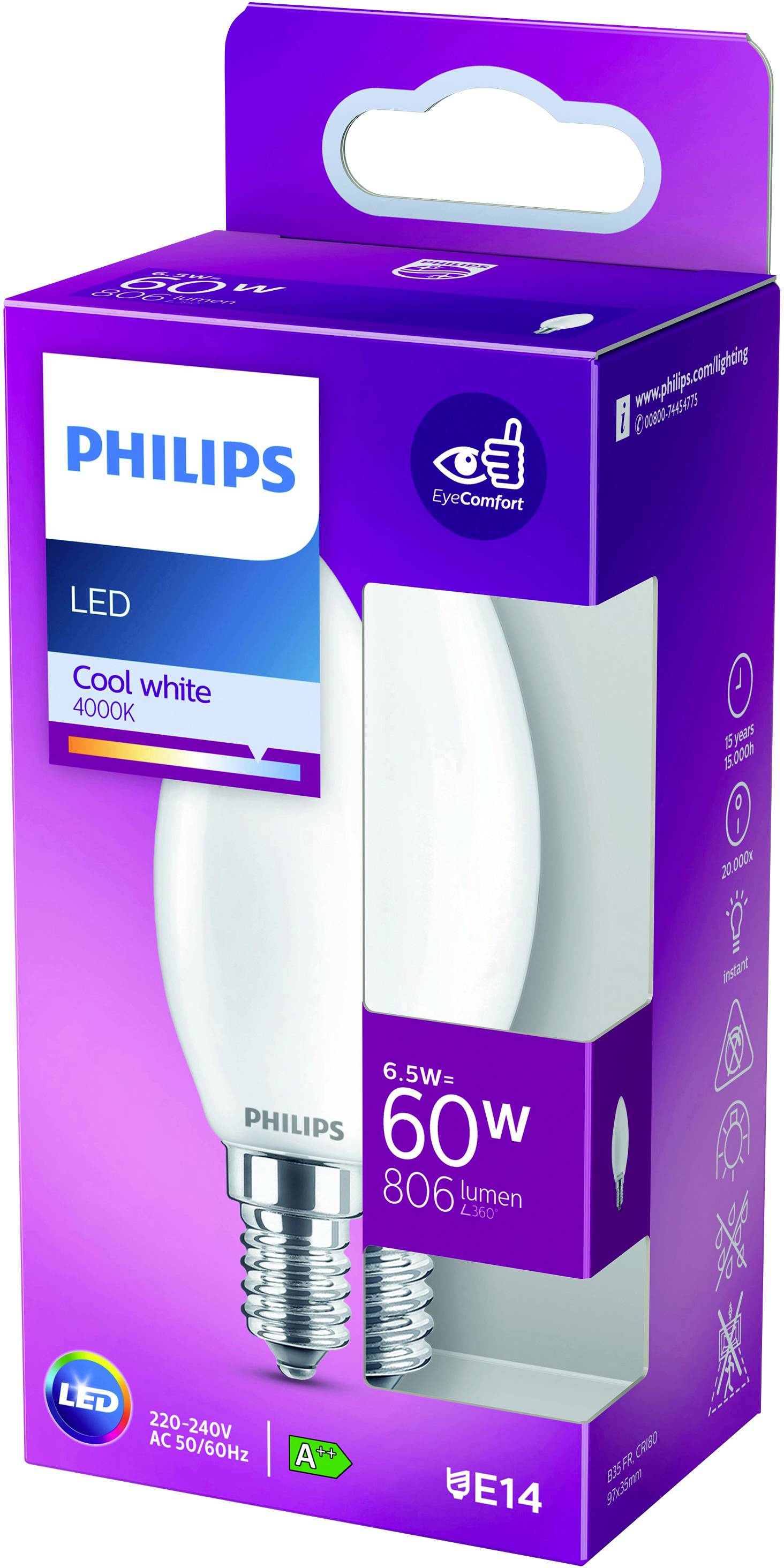 LED-Glühbirnenverpackung von Philips, 'Cool white 4000K', 6,5W ersetzt 60W, 806 Lumen, E14 Sockel. Energiesparlabel A+.