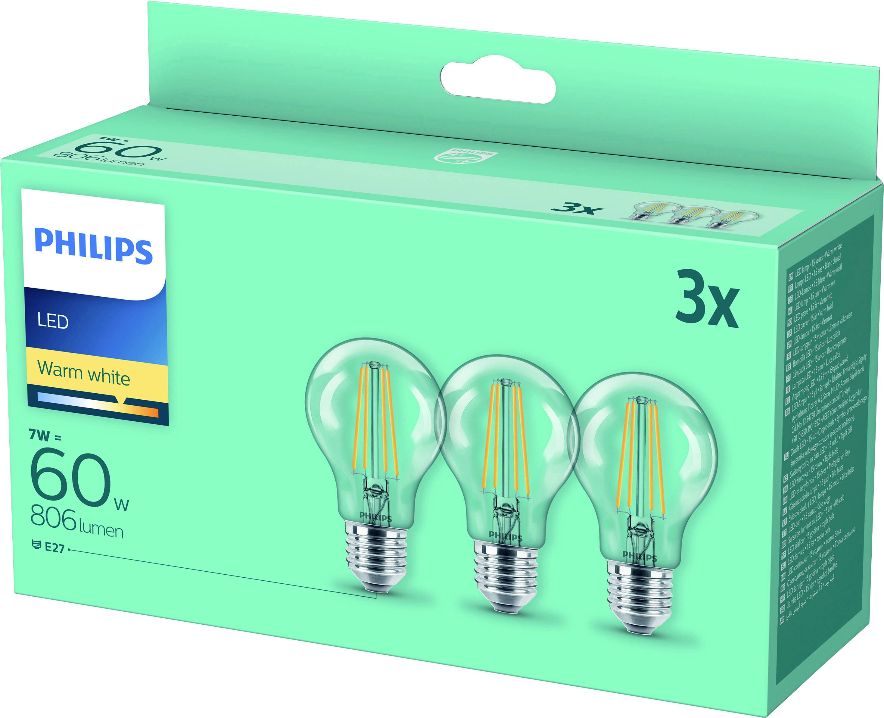 Verpackung mit drei LED-Glühbirnen, Marke 'Philips', 7W, 806 Lumen, warmweiß, E27, entspricht 60W herkömmlicher Glühbirnen.