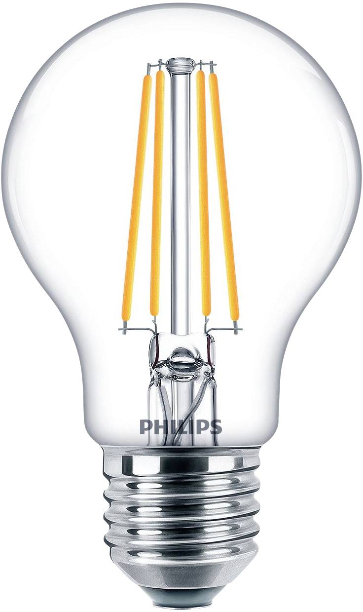 Eine LED-Glühbirne von einer bekannten Marke, mit klaren Glaswänden und sichtbaren Filamenten, die ein warmweißes Licht abgeben.