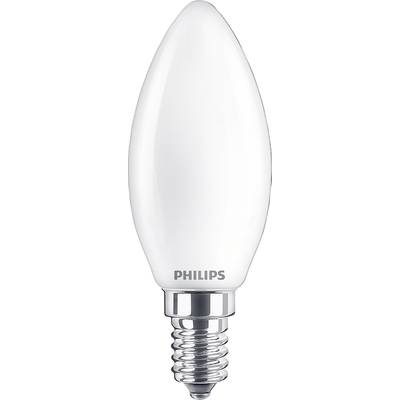 LED-Glühlampe in Kerzenform mit E14-Sockel, geeignet für Kronleuchter. Gehäuse in Weiß, beschriftet mit 'Philips'.