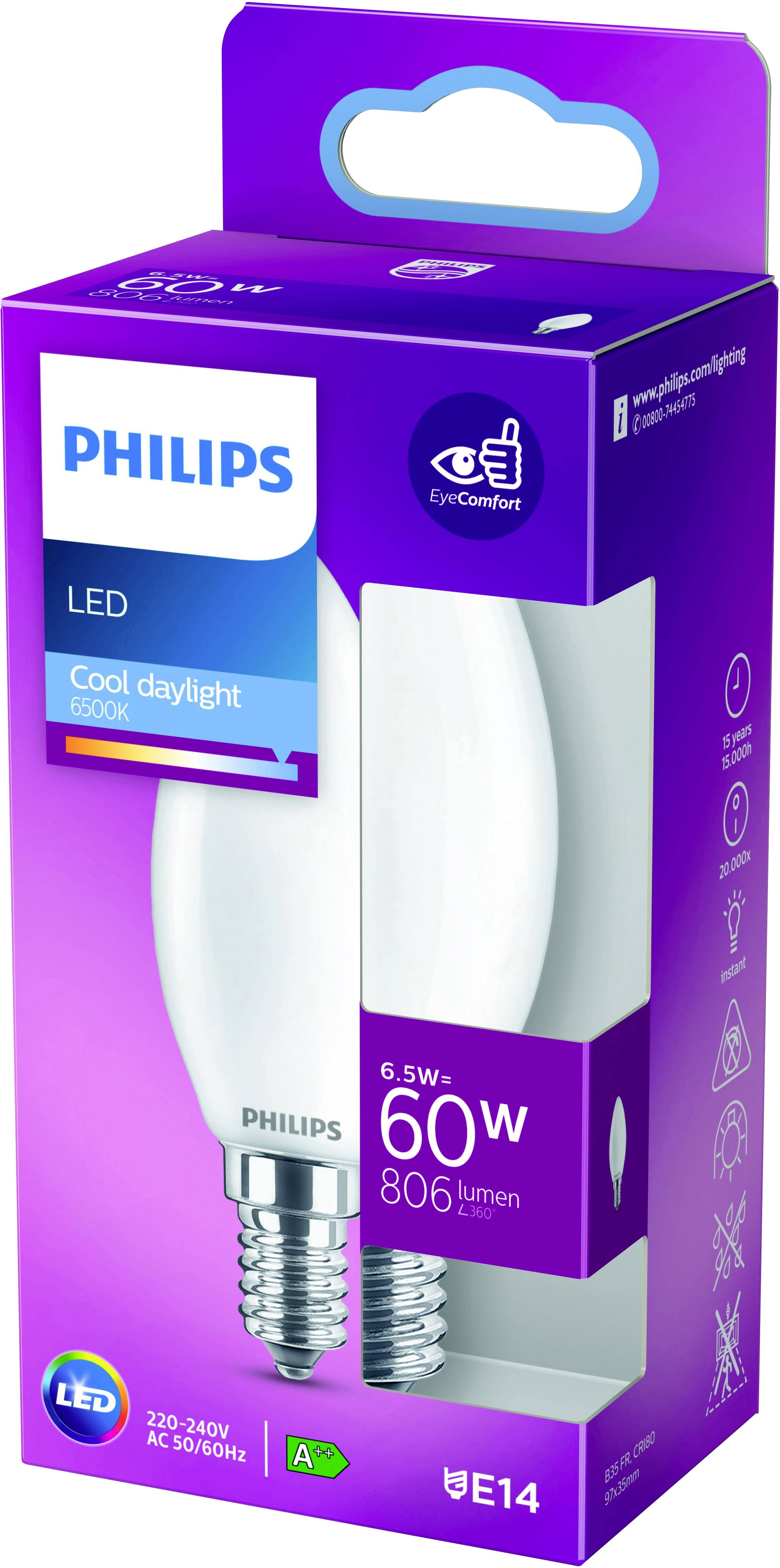 'Philips LED-Glühbirne, E14, 6,5W, 60W Ersatz, 806 Lumen, kühles Tageslicht, 6500K, Energieklasse A+, Augenschonend.'