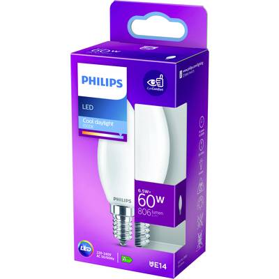 'Philips LED-Glühbirne, E14, 6,5W, 60W Ersatz, 806 Lumen, kühles Tageslicht, 6500K, Energieklasse A+, Augenschonend.'