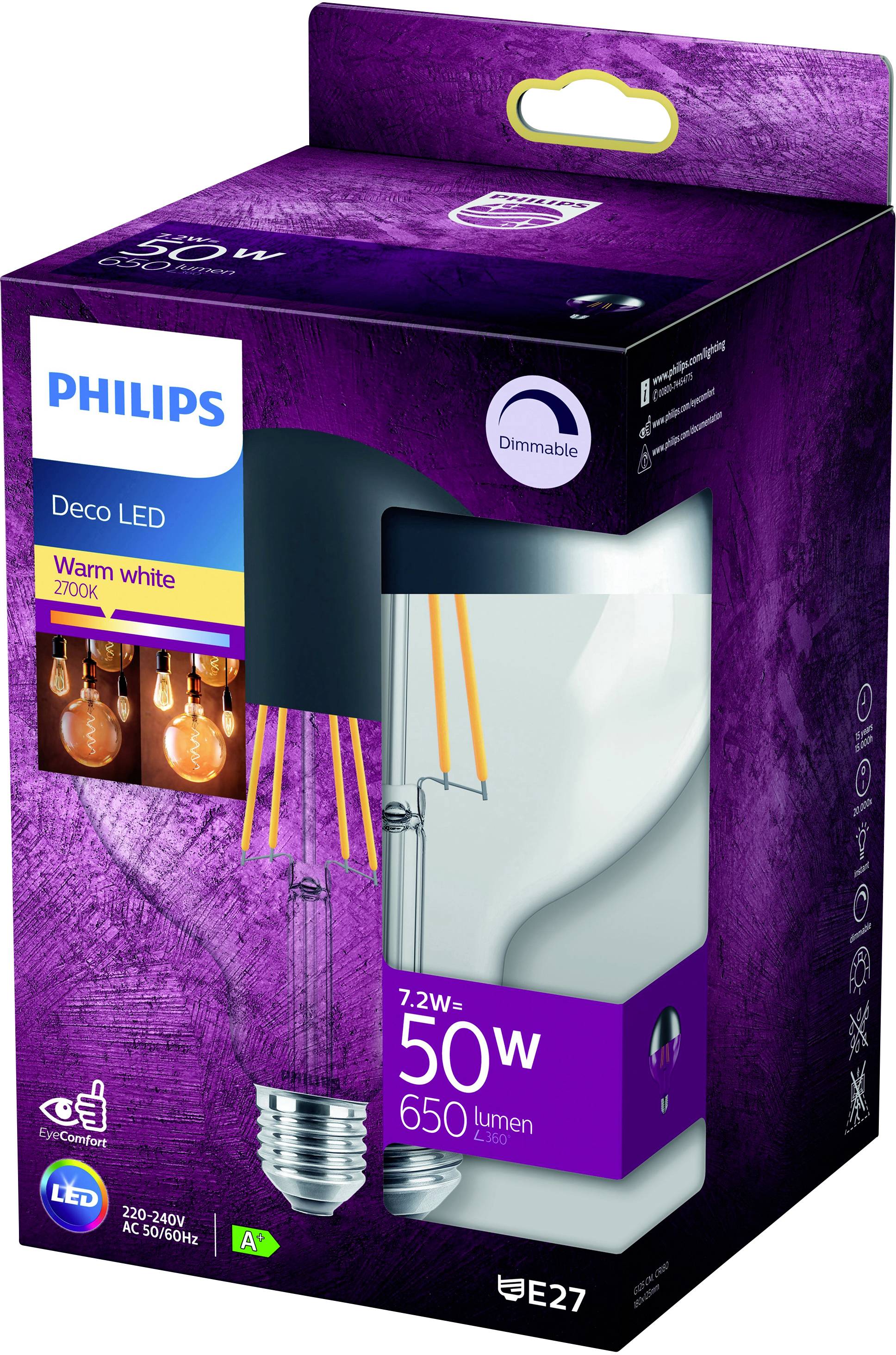 Philips Deco LED-Glühbirnenverpackung in Lila mit Angaben 'Warm white 2000K', '7.2W = 50W', '650 Lumen', E27-Sockel.