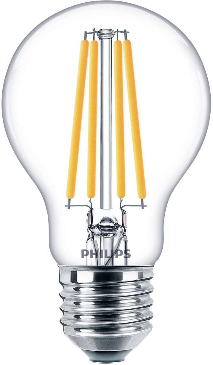 Eine LED-Glühbirne mit sichtbaren Filamenten, Markenname 'Philips' auf dem Glas.