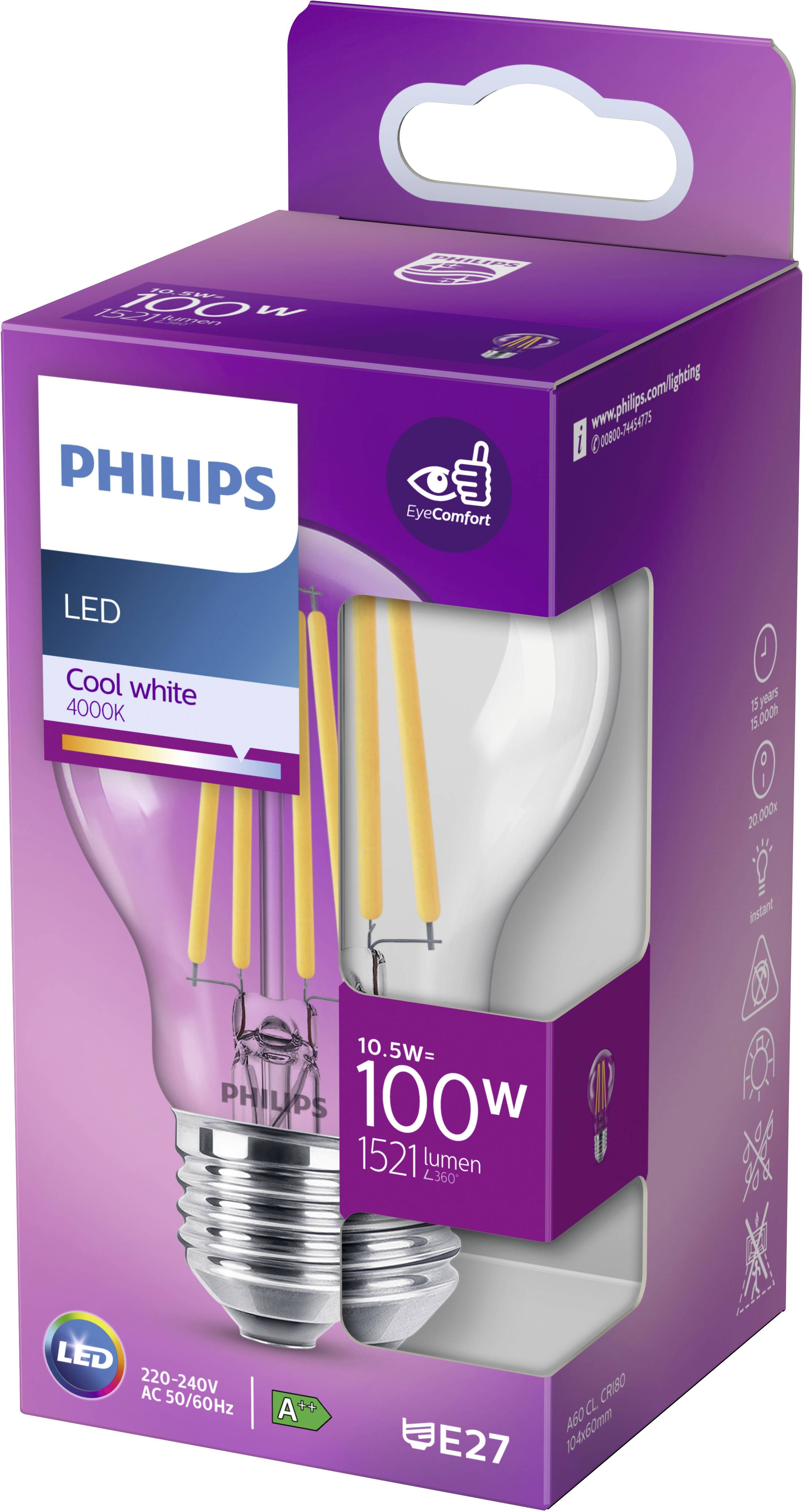 Kartonverpackung einer Philips LED-Glühbirne mit 10,5W Leistung, 100W Entsprechung, 1521 Lumen, Cool White 4000K, Fassung E27.