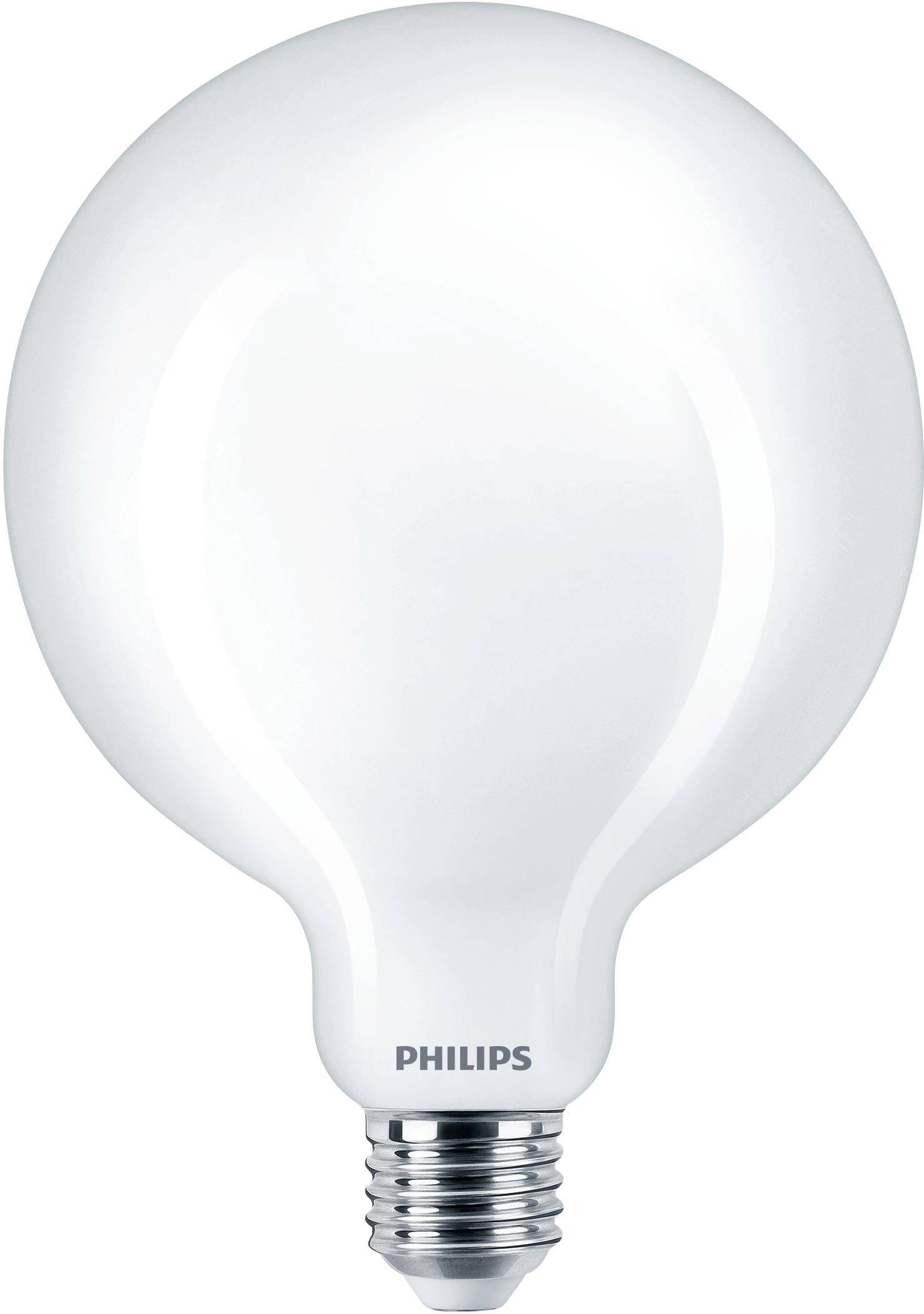 Große, runde LED-Glühbirne von Philips mit silbernem Sockel, geeignet für den Einsatz in Lampen mit Standardfassung.