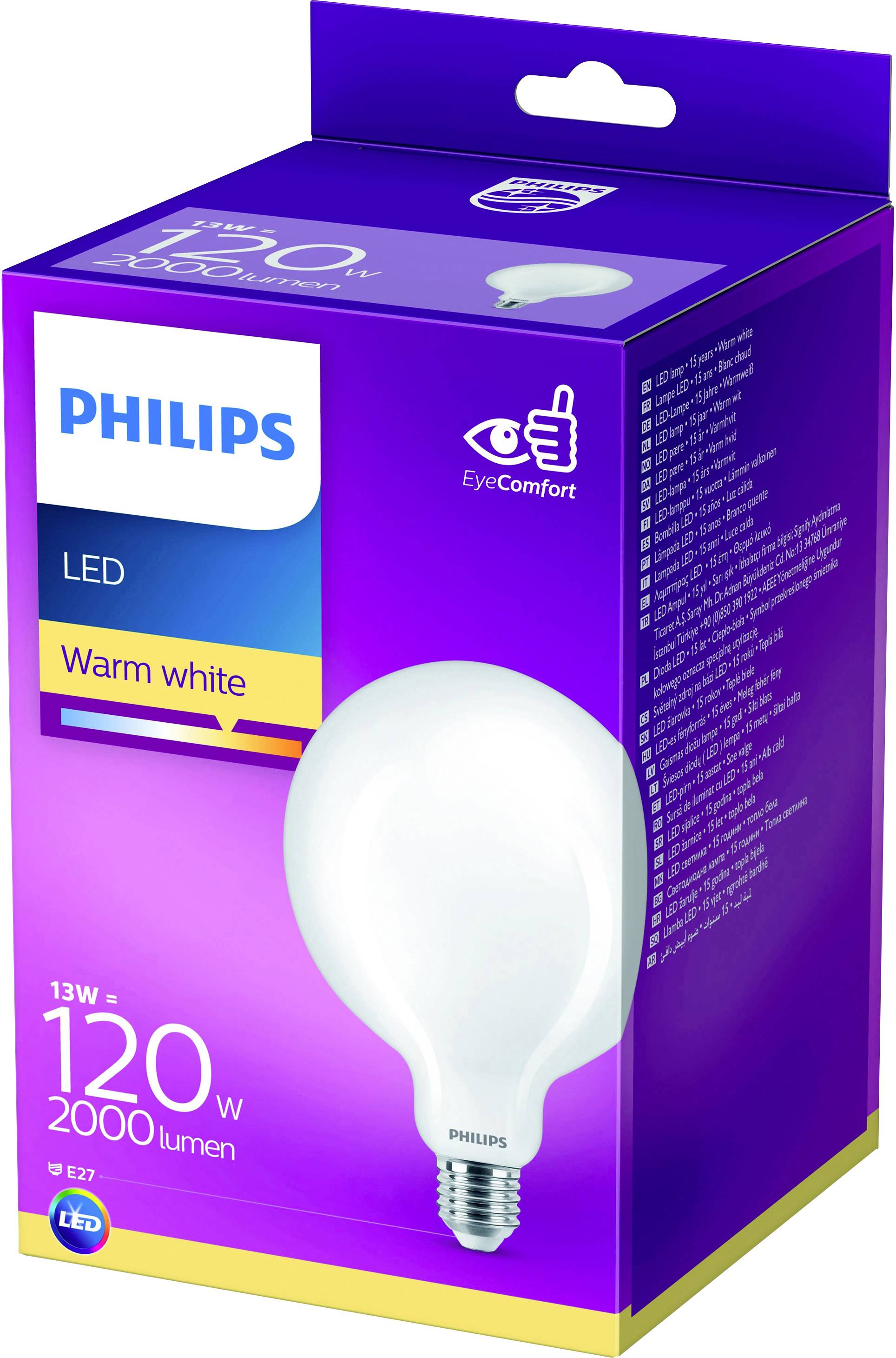 Glühbirnenverpackung der Marke Philips LED mit 13W Leistungsaufnahme, 120W Äquivalent, 2000 Lumen, warmes weißes Licht.