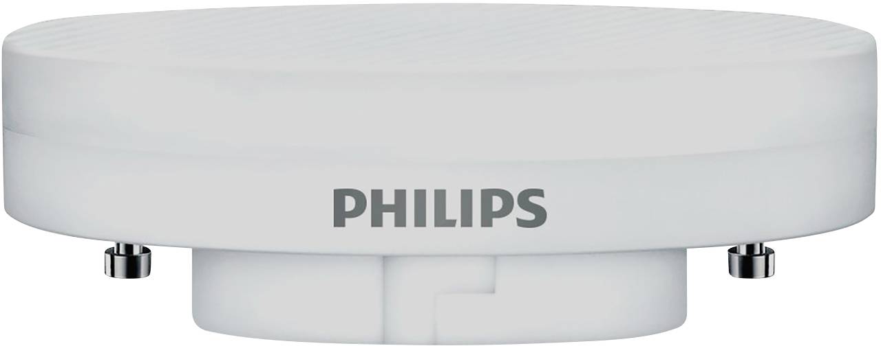 Kompakte LED-Leuchte, weiß, mit zwei kleinen Metallstiften unten. Die Aufschrift 'Philips' auf der Seite. Geeignet für vielfältige Anwendungen in Innenräumen.