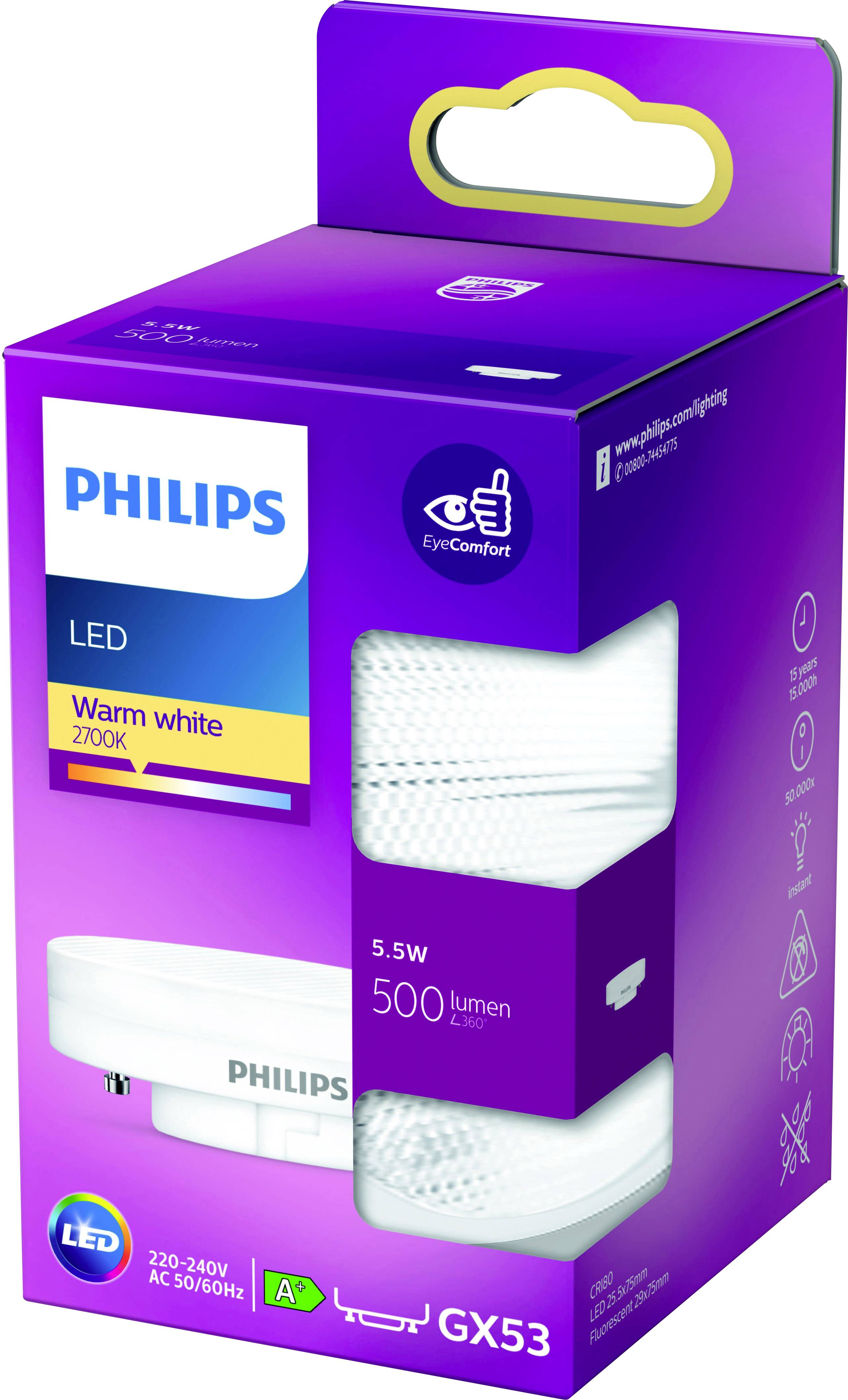 Eine Philips LED-Lampe, warmweiß, 2700K, 5,5W, 500 Lumen, verpackt in einer lila Schachtel, zeigt Energieeffizienzklasse A+.