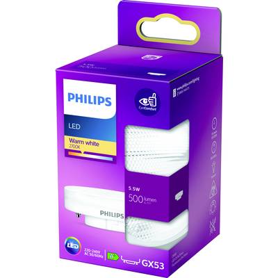 Eine Philips LED-Lampe, warmweiß, 2700K, 5,5W, 500 Lumen, verpackt in einer lila Schachtel, zeigt Energieeffizienzklasse A+.