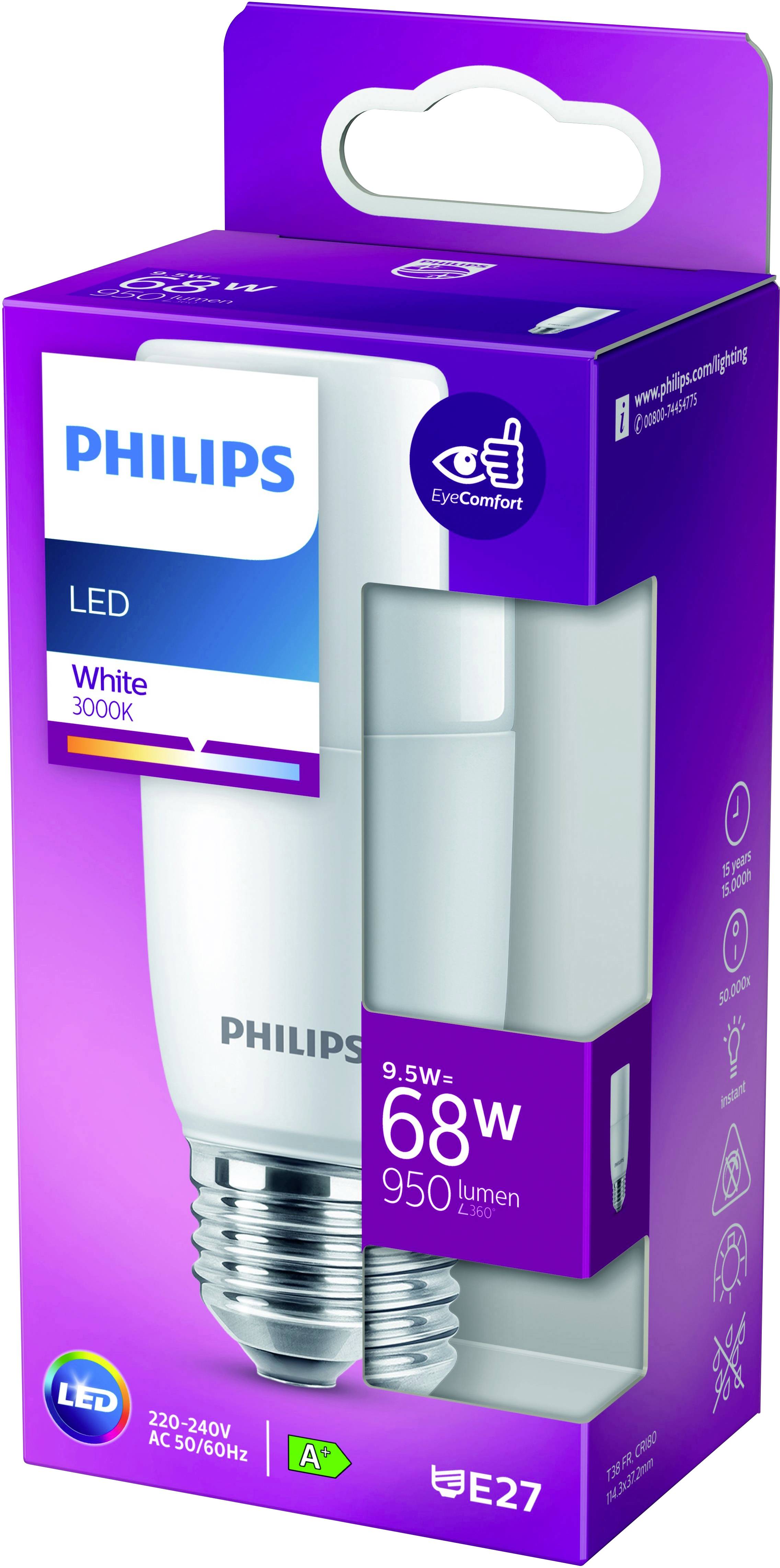'Philips LED-Glühbirne, 9,5W, 68W Äquivalent, 950 Lumen, Weißlicht 3000K, E27-Sockel, energiesparend mit EyeComfort-Technologie.'