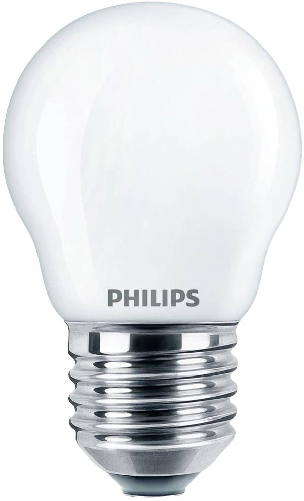 Eine weiße LED-Glühbirne von Philips, standard A-Form, auf einem weißen Hintergrund dargestellt.