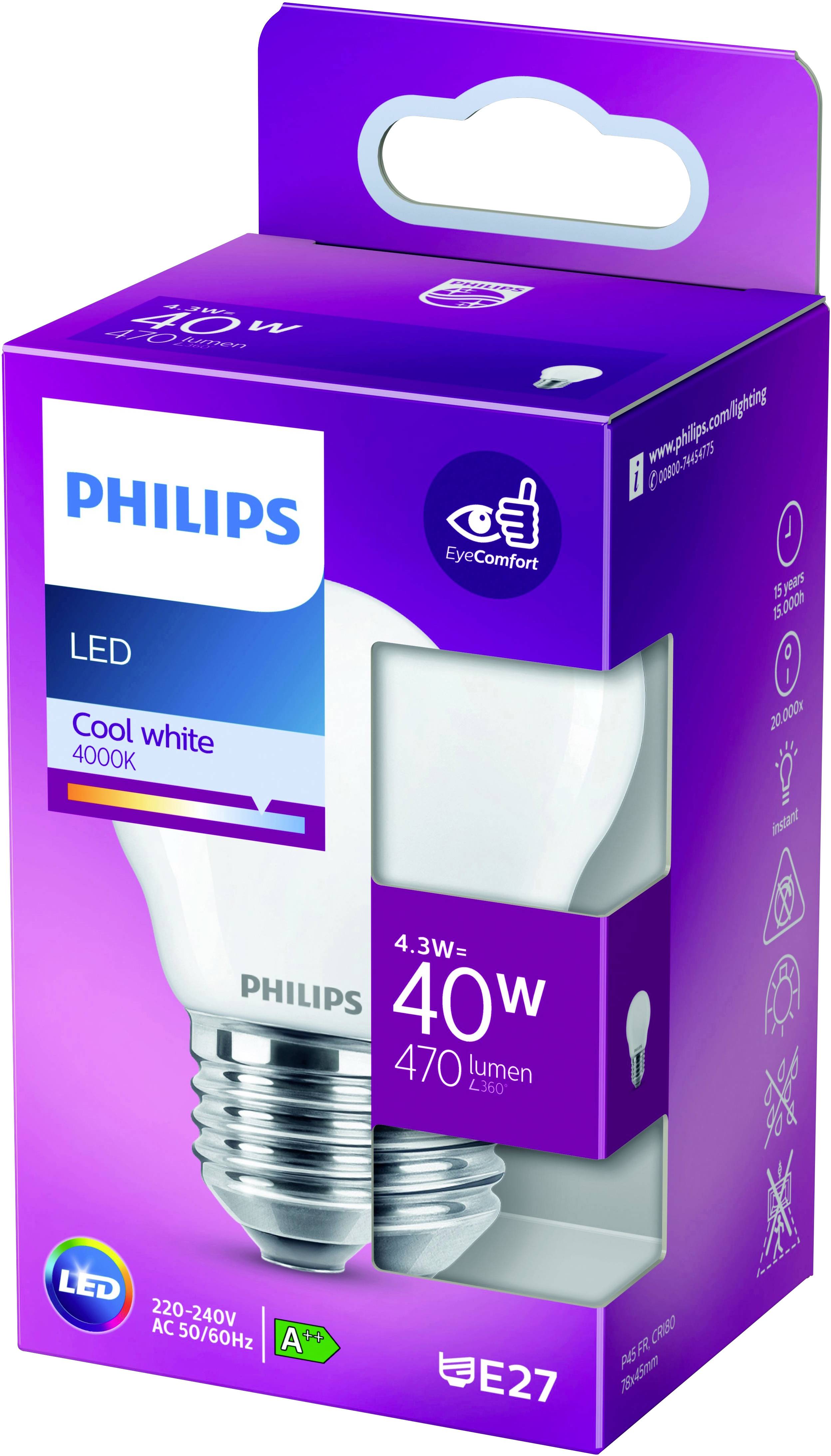 'Philips LED-Lampe, 40 Watt, E27, Cool White, 4000K, Energieeffizienzklasse A, 470 Lumen, EyeComfort-Design in lila Verpackung.'