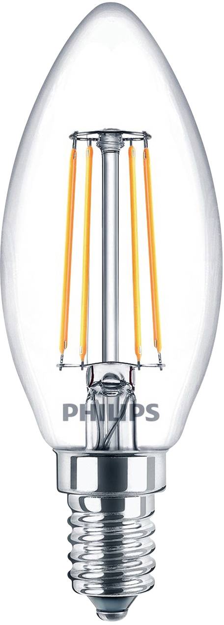 Eine LED-Glühbirne in Kerzenform mit sichtbaren Filamenten und Edison-Schraubsockel; Marke 'Philips' aufgedruckt.