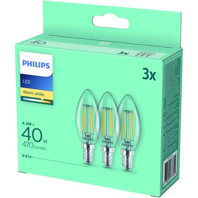Verpackung mit drei LED-Leuchtmitteln von Philips, warmweiß, 4.3W entspricht 40W, 470 Lumen, E14-Sockel.