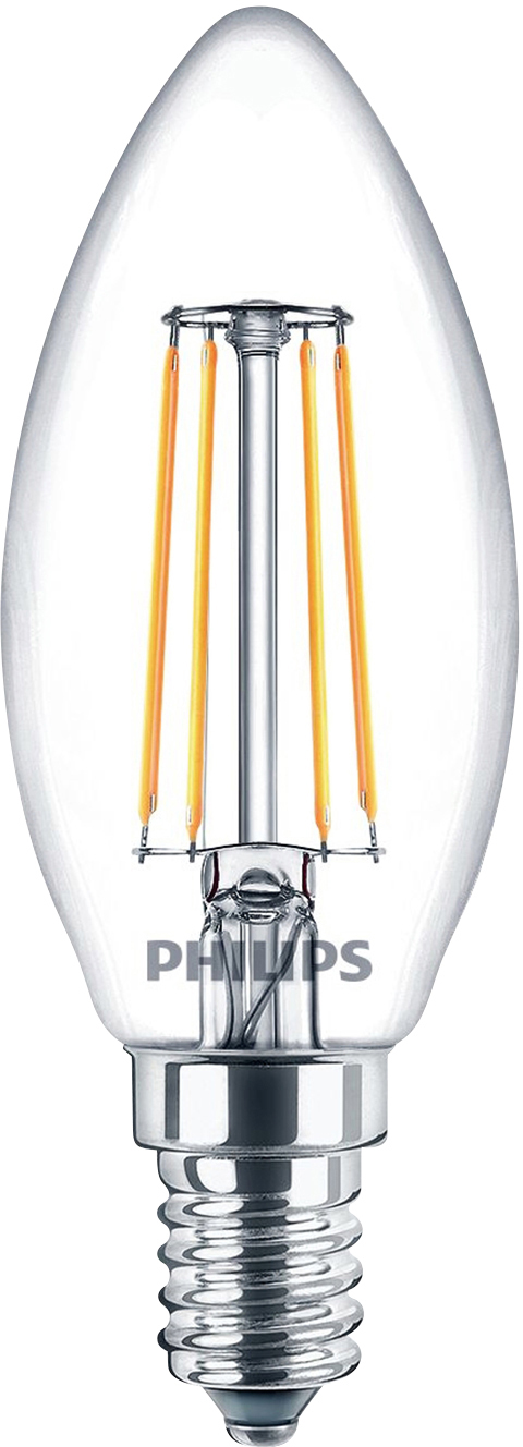Eine klare Glühbirne im Kerzenstil von Philips, mit sichtbaren Filamenten und einem E14-Sockel, geeignet für dekorative Beleuchtung.