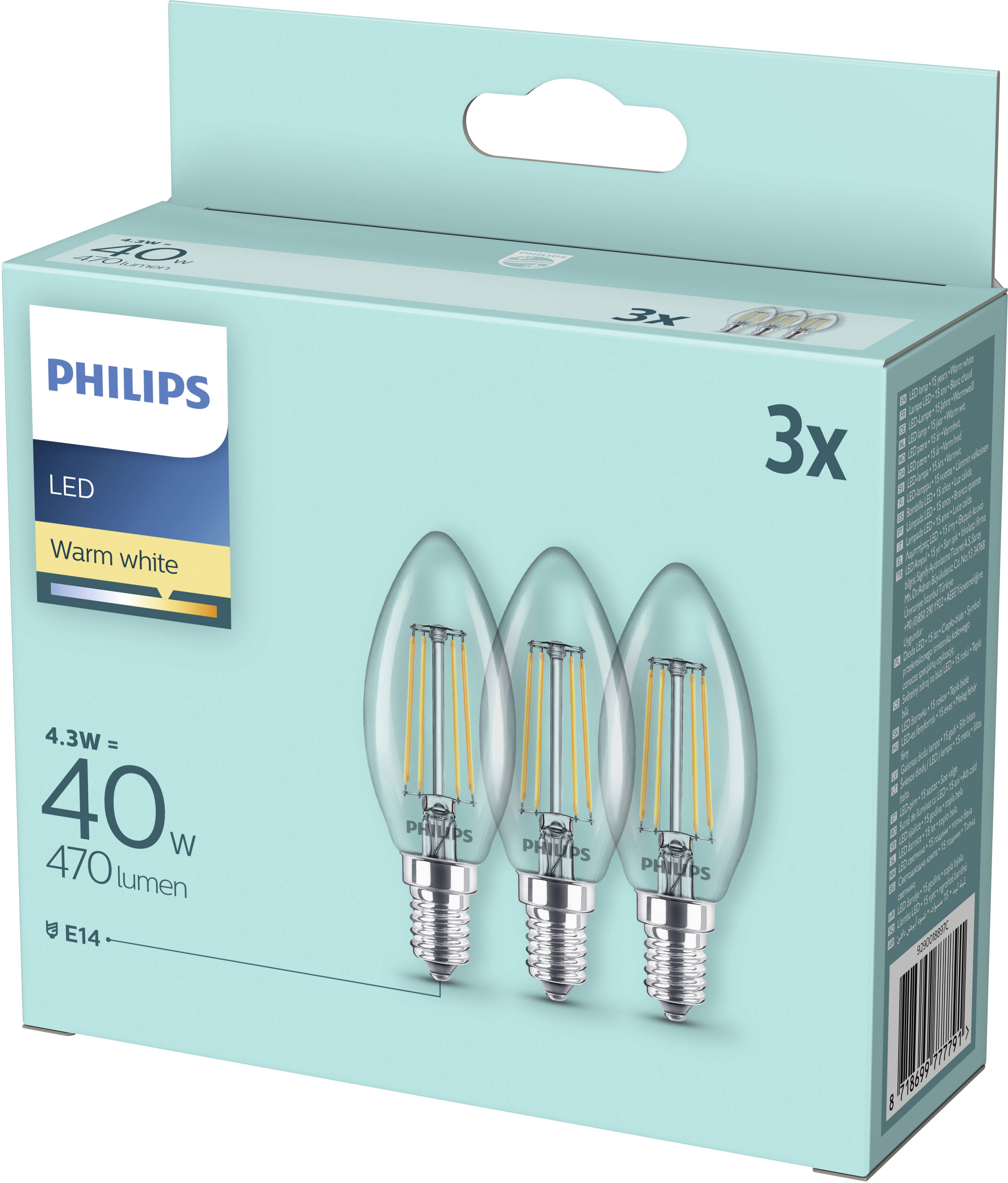 Eine Packung mit drei LED-Glühbirnen der Marke Philips, warmweiß, 4,3 Watt, E14-Fassung, entspricht 40 Watt, 470 Lumen.