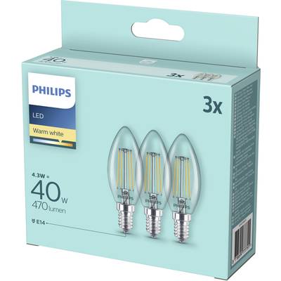 Eine Packung mit drei LED-Glühbirnen der Marke Philips, warmweiß, 4,3 Watt, E14-Fassung, entspricht 40 Watt, 470 Lumen.