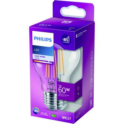 LED-Glühbirne in einer lila Verpackung der Marke Philips, 7W Leistung, 60W Äquivalent, 850 Lumen, E27-Sockel, gekennzeichnet als 'Cool white'.
