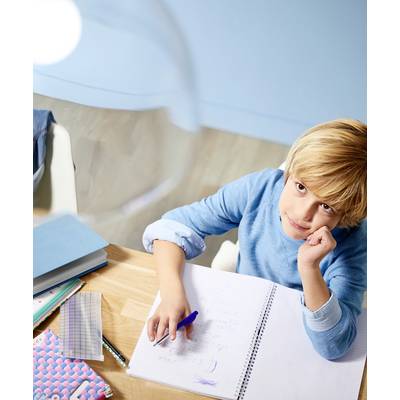 Ein Junge in einem blauen Pullover sitzt an einem Tisch, betrachtet eine schwebende Seifenblase und schreibt in ein Notizbuch.