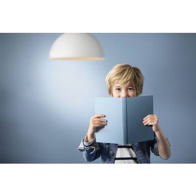 Ein Kind mit blonden Haaren hält ein geöffnetes blaues Buch vor sich. Im Hintergrund ist eine blaue Wand mit einer hängenden Lampe.