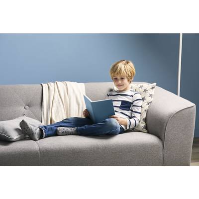 Ein Junge sitzt auf einem grauen Sofa und liest ein blaues Buch. Im Hintergrund ist eine blaue Wand mit Kissen und Decke sichtbar.