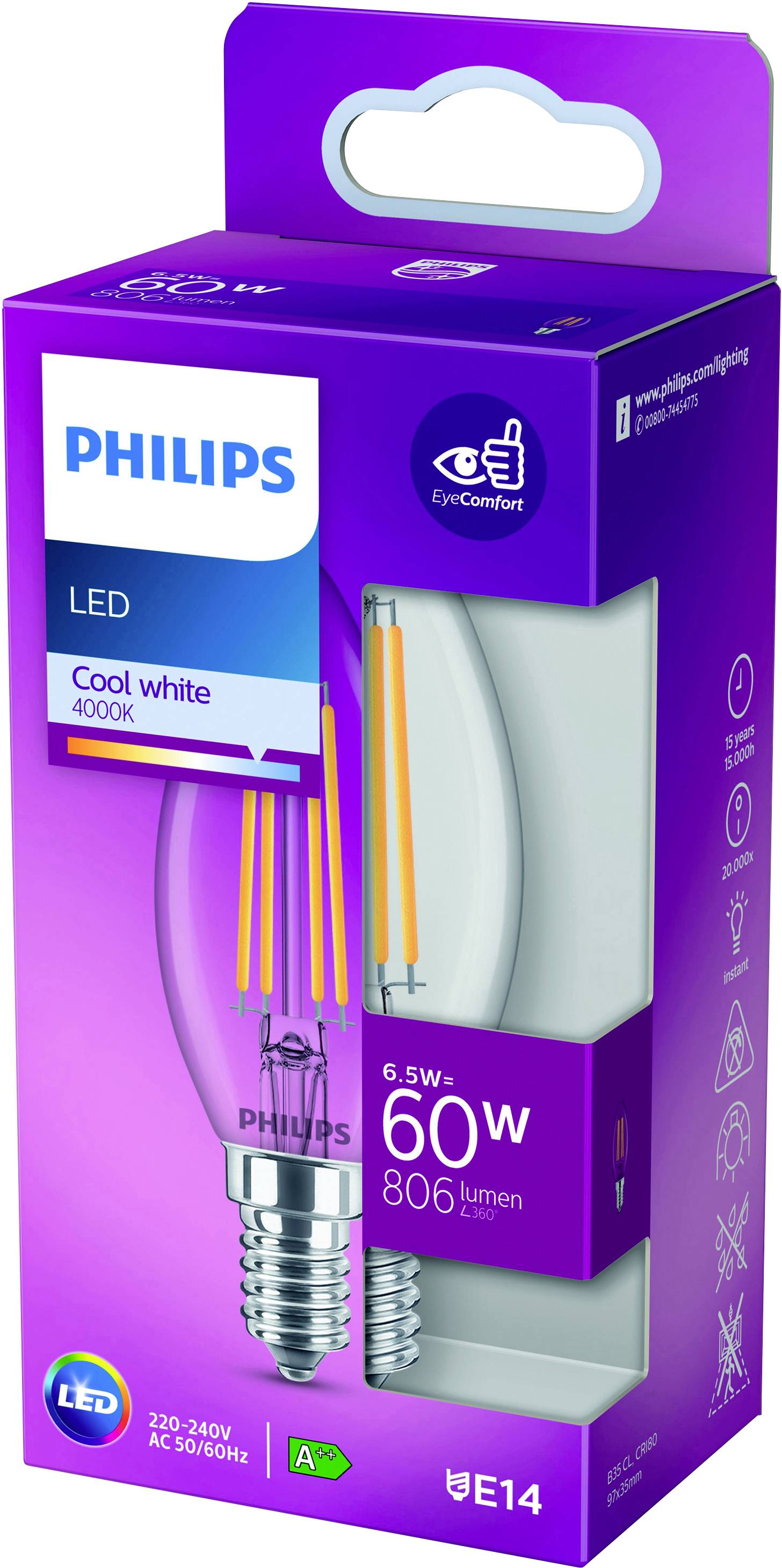 Eine Philips LED-Lampe, 6,5W, entspricht 60W, 806 Lumen, E14, 4000K, in einer lila Verpackung mit Fokus auf 'Cool white' Lichtfarbe.