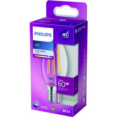 Eine Philips LED-Lampe, 6,5W, entspricht 60W, 806 Lumen, E14, 4000K, in einer lila Verpackung mit Fokus auf 'Cool white' Lichtfarbe.