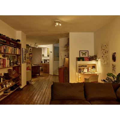 Gemütliches Wohnzimmer mit Holzfußboden, braunem Sofa und Bücherregal, das in einen offenen Küchenbereich übergeht. Ein Schreibtisch mit Lampe steht in einer Ecke.