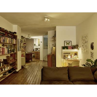 Gemütliches Wohnzimmer mit braunem Sofa, Holzfußboden, Bücherregalen und Schreibtisch. Sicht auf offene Küche im Hintergrund.