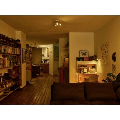 Gemütliches Wohnzimmer mit Holzböden, Regal voller Bücher rechts, Schreibtisch mit Lampe in der Ecke, im Hintergrund Küche sichtbar.
