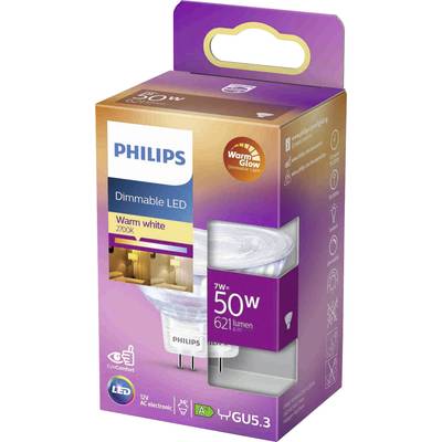 Verpackung einer dimmbaren Philips LED-Lampe, warmweiß, 2700K, 7W ersetzt 50W, 621 Lumen, GU5.3-Sockel, mit 'WarmGlow'-Feature.