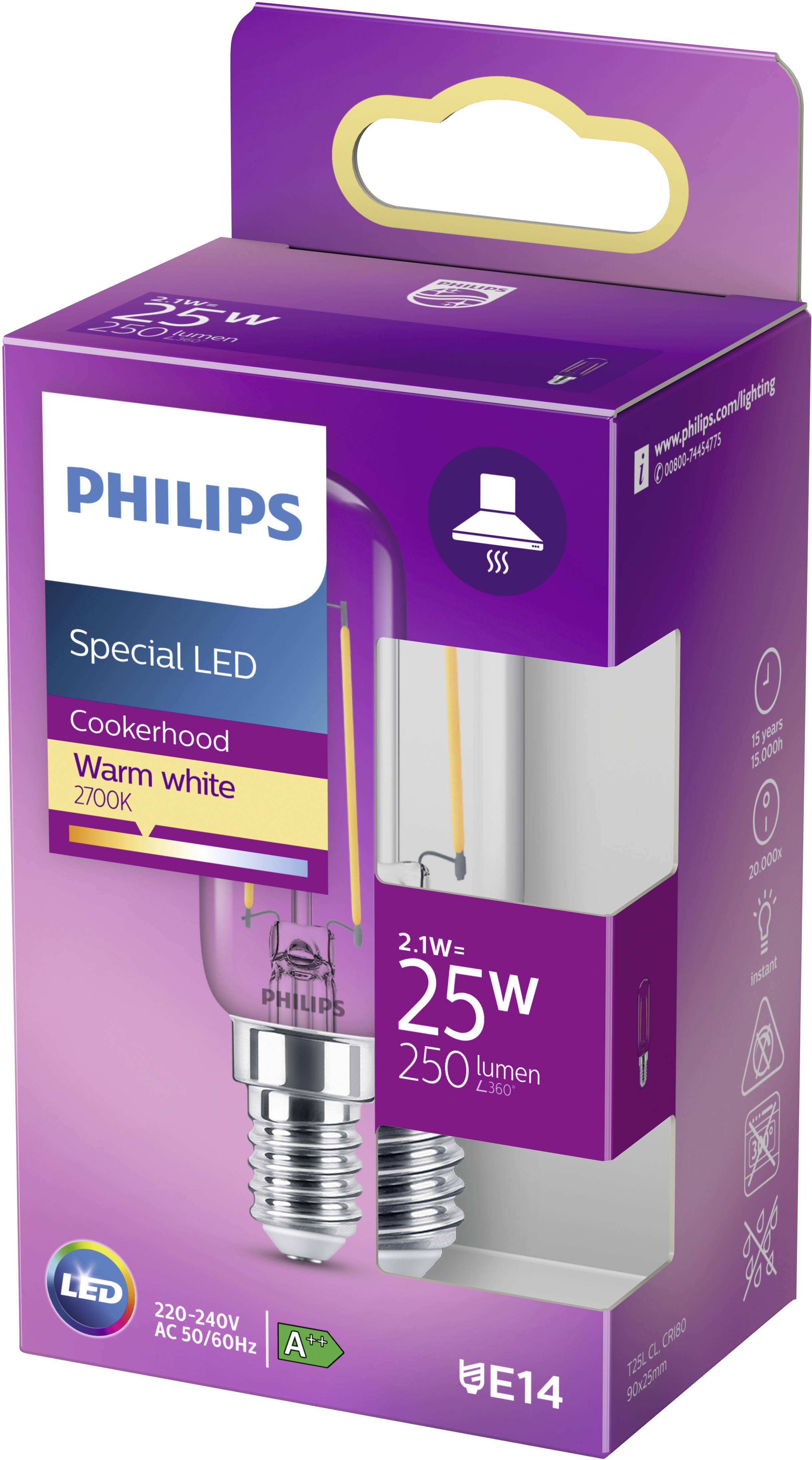 Eine violette Verpackung mit einer LED-Glühbirne von Philips. Spezielle LED für Dunstabzugshauben, warmweiß 2700K, 25W, E14.