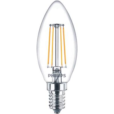 Eine durchsichtige Glühbirne in Kerzenform mit sichtbaren Filamenten und der Aufschrift 'Philips' auf dem Sockel.