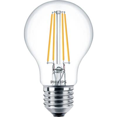 LED-Glühbirne von Philips mit sichtbaren Glühfäden, silbernem Sockel und klarem Glaskolben.