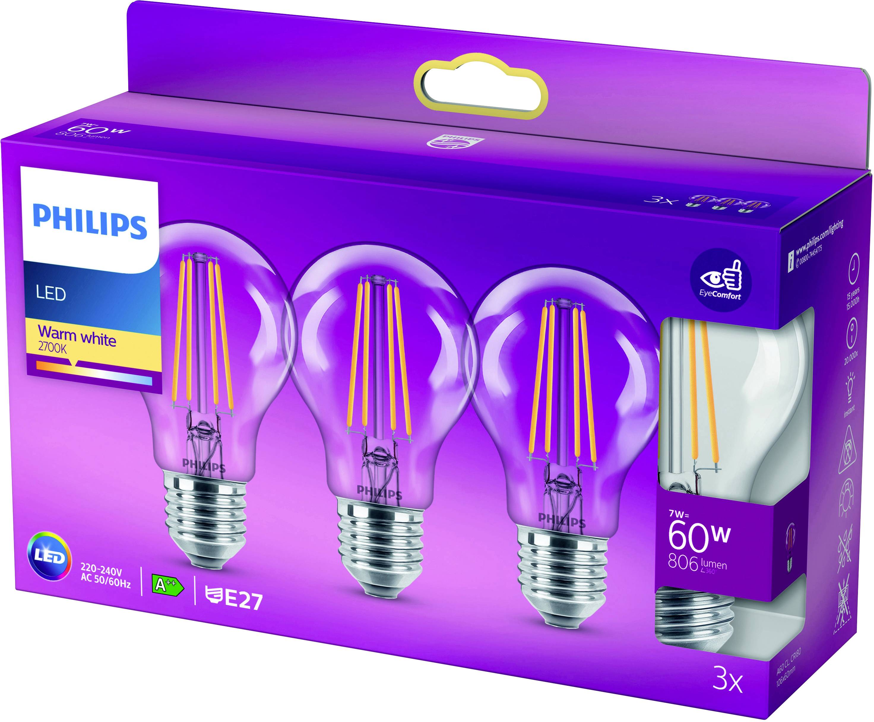 Verpackung mit drei Philips LED-Glühbirnen, warmweißes Licht, 7W, 60W-Äquivalent, 806 Lumen, E27-Sockel, Energieklasse A+.