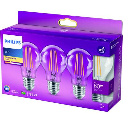 Verpackung mit drei Philips LED-Glühbirnen, warmweißes Licht, 7W, 60W-Äquivalent, 806 Lumen, E27-Sockel, Energieklasse A+.