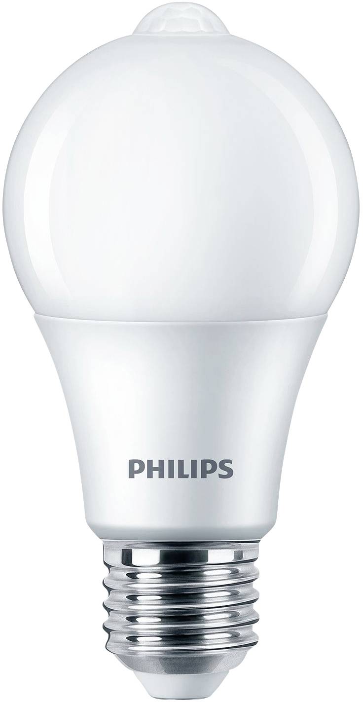 Eine weiße LED-Glühbirne mit silbernem Sockel und der Aufschrift 'Philips'.