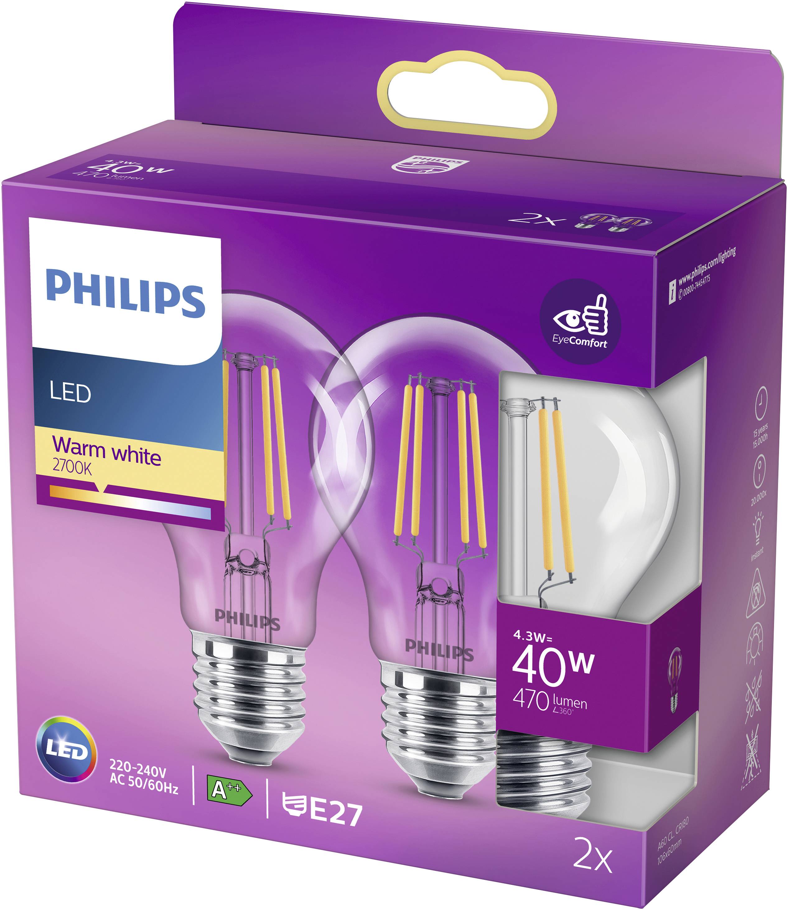Zwei LED-Glühbirnen von Philips in einer lila Verpackung. Beschriftung zeigt: 'Warm white 2700K', '40W', '470 lumen'. E27-Fassung.