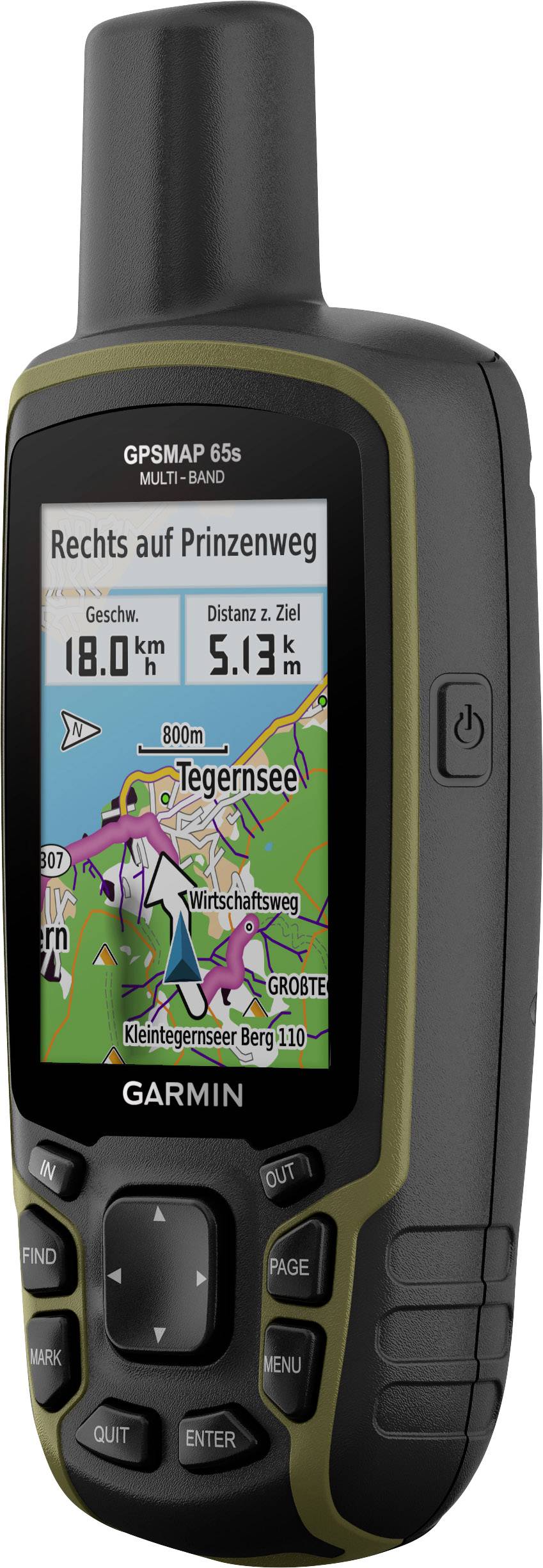 Ein Handheld-GPS-Gerät zeigt eine Karte mit einer Route. Text auf dem Bildschirm: 'Rechts auf Prinzenweg', Geschwindigkeit 18.0 km/h, Entfernung zum Ziel 5.13 km.