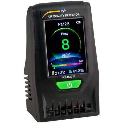 Luftqualitätsdetektor mit digitalem Display zeigt PM2.5-Wert '8 µg/m³' an, darunter Temperatur '21.3°C' und Luftfeuchtigkeit '69.2%'.