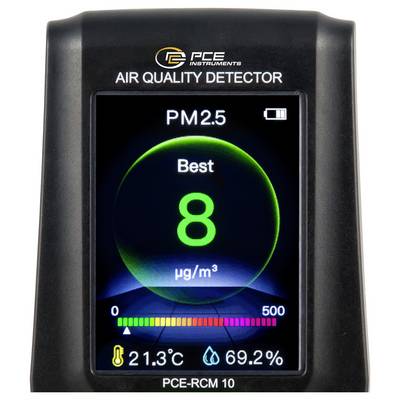 Luftqualitätsdetektor-Display mit PM2.5-Niveau 'Beste' 8 µg/m³, Temperatur 21,3°C und Luftfeuchtigkeit 69,2%.