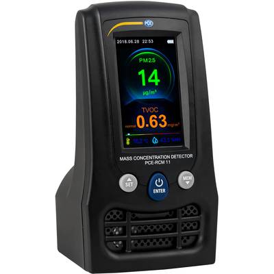 Ein schwarzes Gerät zur Messung der Luftqualität zeigt auf seinem Display Feinstaubwert 'PM2.5: 14 µg/m³' und TVOC-Wert '0,63 mg/m³'.