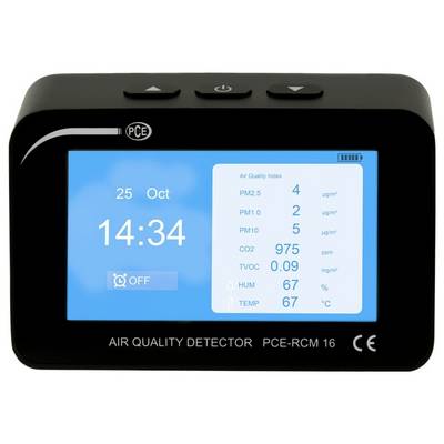 Digitales Luftqualitätsmessgerät mit Anzeige von Datum und Uhrzeit sowie Messwerten für PM2,5, PM1,0, PM10, CO2, TVOC, Luftfeuchtigkeit und Temperatur.