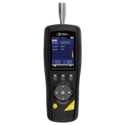 Tragbarer Partikelzähler-Display zeigt 6.251 Partikel bei 0,3 μm an, mit Zählwerten für 2,5 μm und 10 μm, sowie Temperatur- und Feuchtemessungen.
