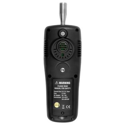 Rückansicht eines tragbaren elektronischen Geräts mit einer Metallantennen, Lautsprechergitter, Statusleuchte und einem Warnhinweis mit dem Text „Bitte Bedienungsanleitung für Sicherheit lesen" mit Kanal- und Frequenzdetails.