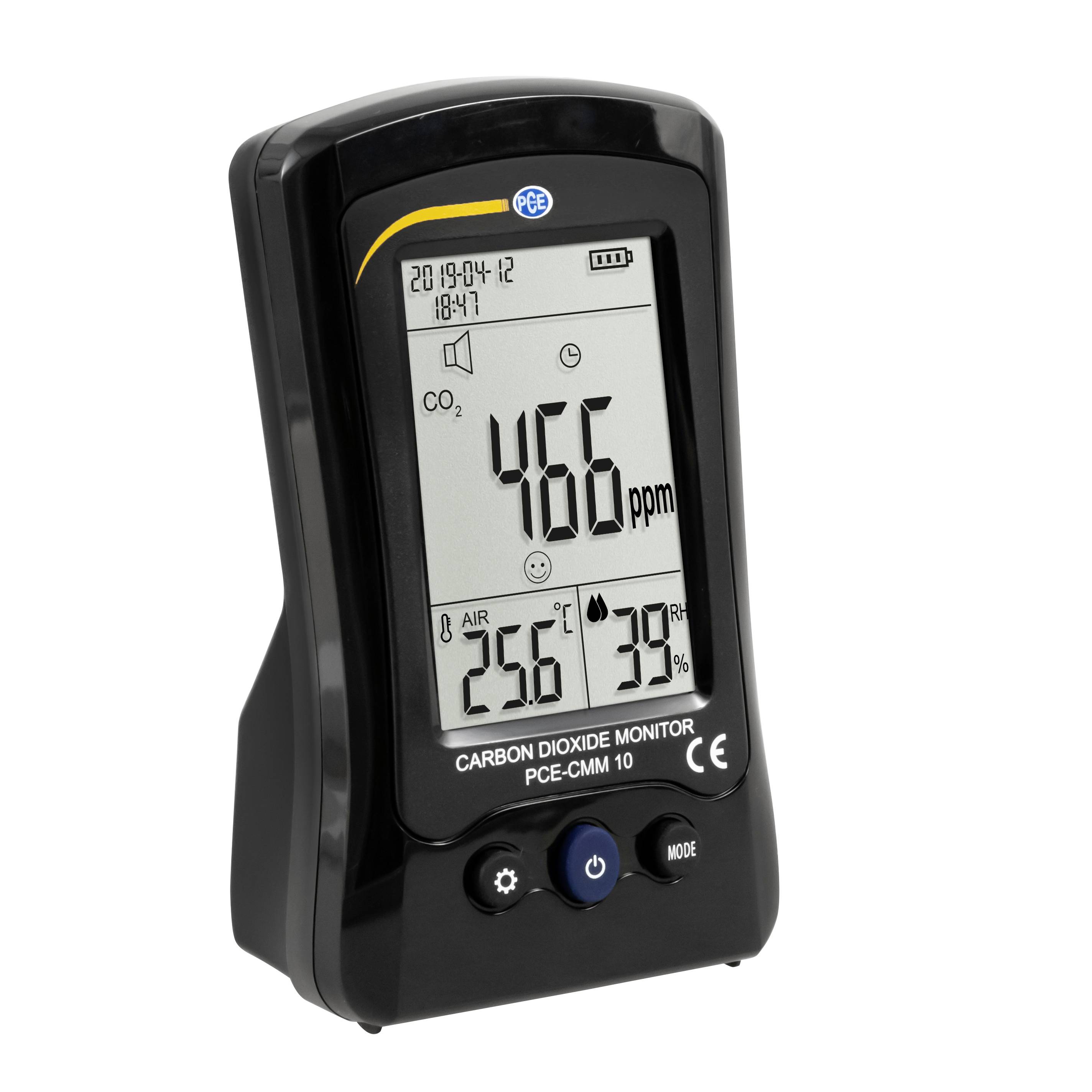 Tragbarer Kohlendioxidmessgerät zeigt 466 ppm CO2, 25,6°C Lufttemperatur und 39% Luftfeuchtigkeit auf einem digitalen Display an.