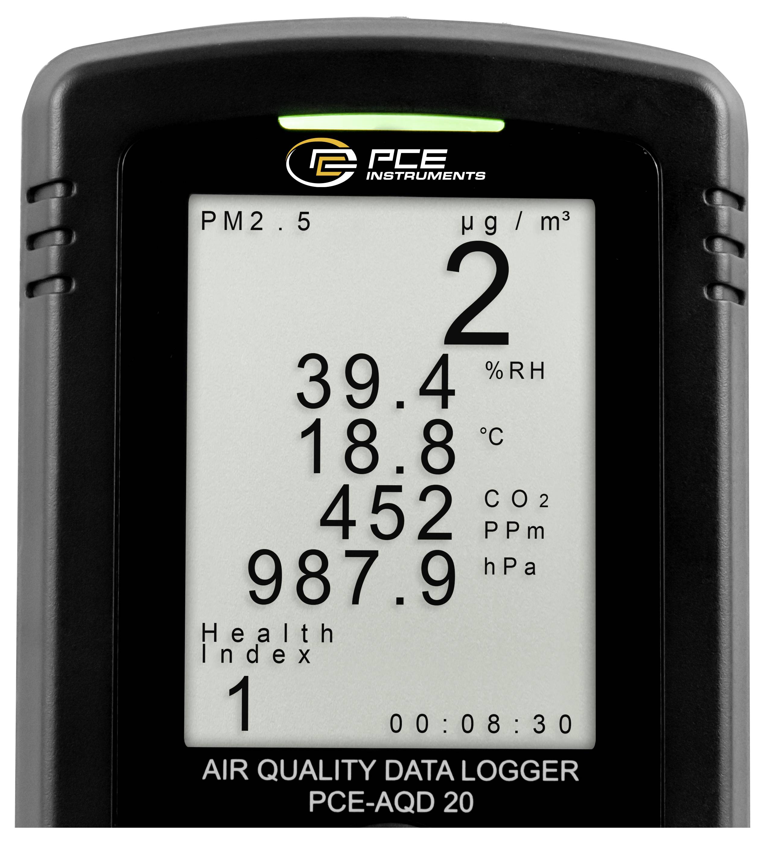 Digitale Luftqualitätsdatenlogger-Anzeige mit PM2,5 bei 2 µg/m³, 39,4 % relative Luftfeuchte, 18,8 °C, 452 ppm CO2, 987,9 hPa und Gesundheitsindex 1.